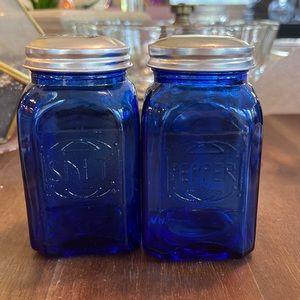 Vintage style cobalt, blue salt, and pepper shakers